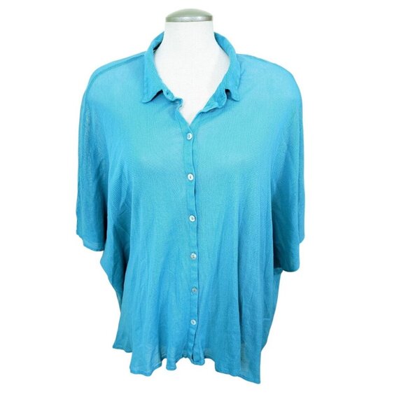 Cut Loose Womens One Size Teal Blue Sheer Mesh Collared Top Shirt Boxy Cotton - Picture 1 of 6